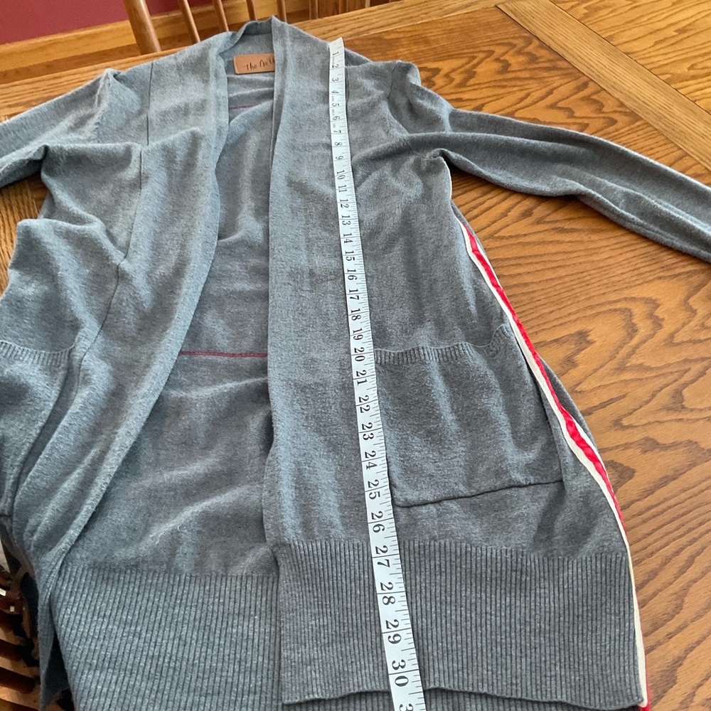 The Nu Vintage Gray w/Red/White Stripe on Sides, Open Front Long Sweater Vest, S - Picture 10 of 11